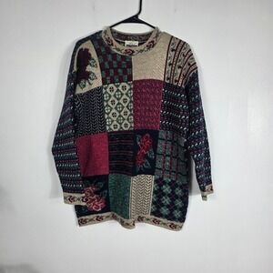 Vintage Adele Knitwear Womens Patchwork Rose Plaid Sweater  Multi Color Size L‎